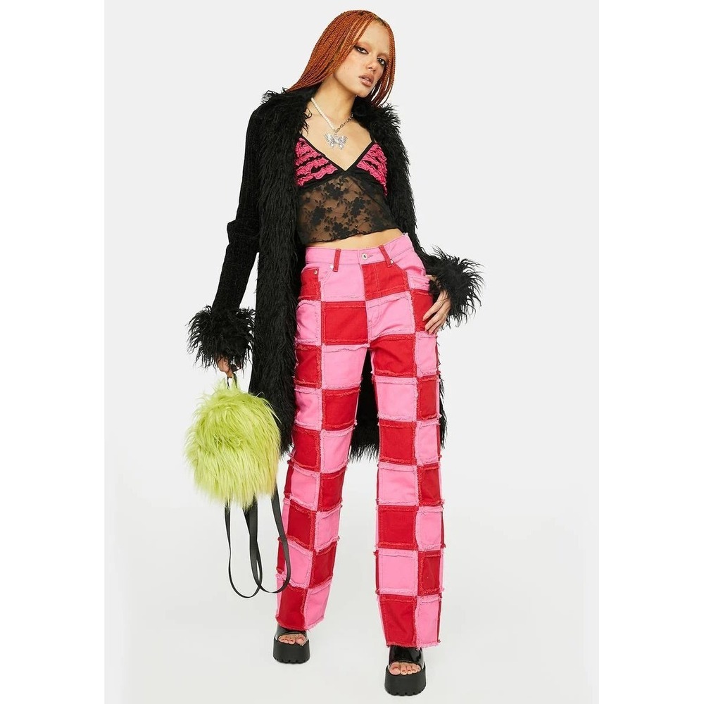 The Ragged Priest Muse Checkered Jeans Patchwork Pink Red Size 34 Raw‎ Edges